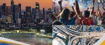 Image - city skyline, people at outdoor event, and highways