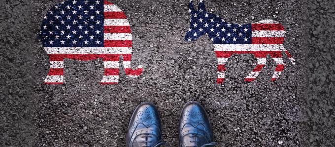 Image - painting of GOP and Democratic symbols, with person's shoes between them