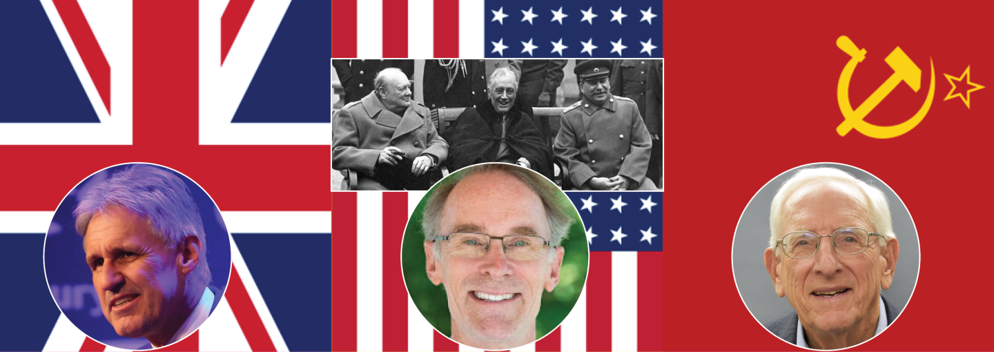 Humanities West Presents WWII's Grand Alliance: The 80th Anniversary Image - the speakers, flags, and historic WWII photo