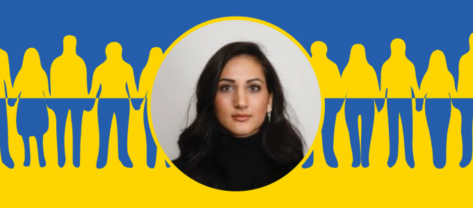 Image - Anya Zoledziowski with background of illustrated people holding hands, colors of Ukrainian flag